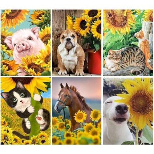 GATYZTORY Oil Painting By Numbers Sunflower Animal On Canvas With Frame Handmade Paints For Adults Picture Coloring By Number De