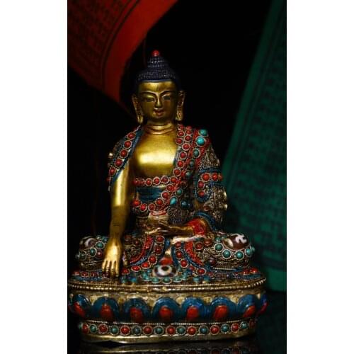 6"Tibet Temple Collection Old Bronze mosaic Gem Dzi Bead outline in gold Sakyamuni Sitting Buddha Ornaments Town House Exorcism