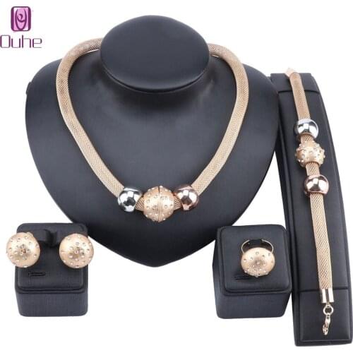 Dubai Gold Color Necklace Earrings Bracelet Ring Sets For Women Wedding Party Gift Jewelry Set