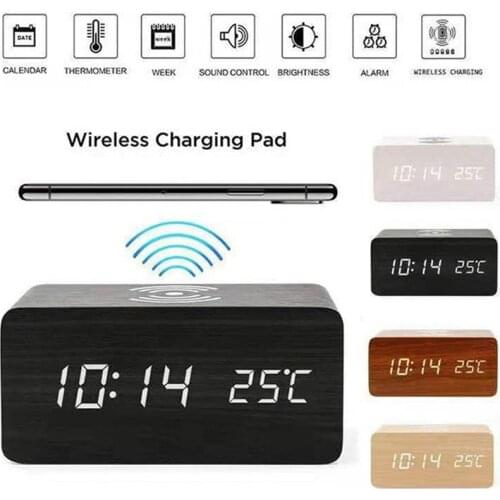 Multicolor Sound Control Wooden Wood Square LED Alarm Clock Desktop Table Digital Thermometer Wood USB/AAA Date Display