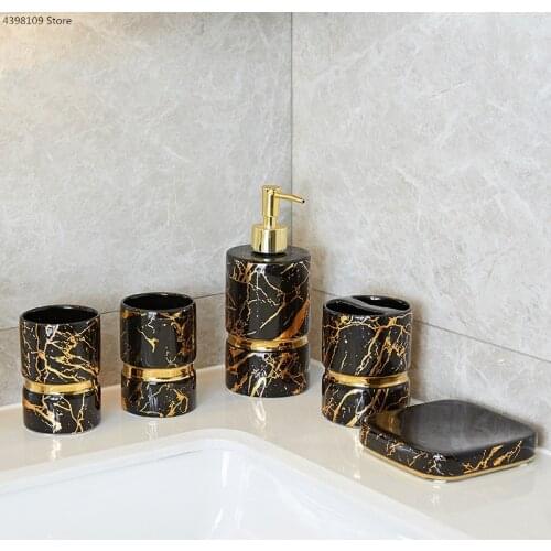 Nordic bathroom supplies set ceramic golden marble toothbrush holder / lotion bottle / tray / bathroom decoration accessories