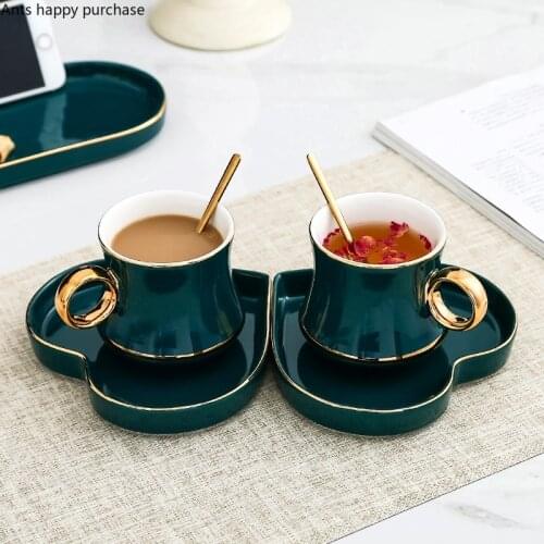 European Style Green Coffee Cup Set Combination Couple Drinking Glasses with Spoon with Saucer Household Mug Afternoon Tea Cup