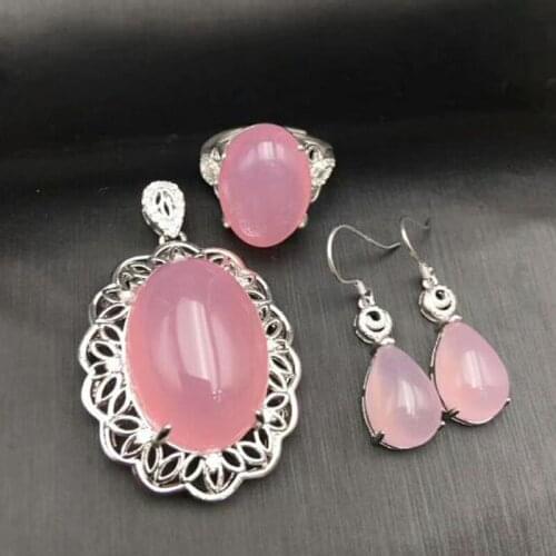 Natural Green Chalcedony Pendant Necklace Earrings Ring Jewelry Set 925 SilverWomen Black Friday 2020 Gift