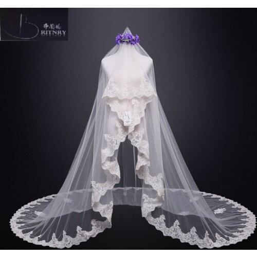 New Long Wedding Veils Champagne Applique Edge lace Bridal Veil Cathedral Veil Wedding Accessories Veus de noiva