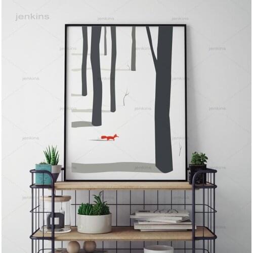 Nordic Landscape Tree with Fox Posters Winter Landscape Prints Canvas Painting Wall Art Pictures Home Decoration for Living Room