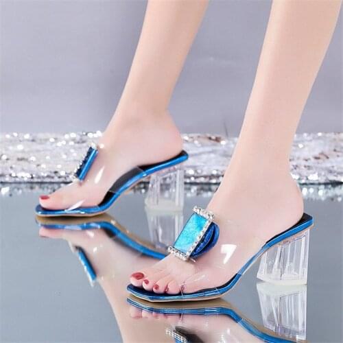 2021 Women Slippers Summer High Heels Transparent Sandals Ladies Square Toe Female Fashion diamond Shoes Woman Slides Femme mule