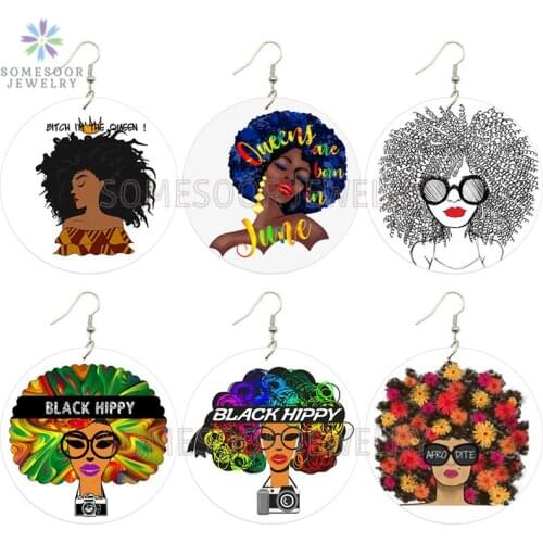 SOMESOOR Afro Dite Natural Hair Wooden Drop Earrings Hippy Black Queen African Wood Both Sides Printing Jewelry For Women Gifts