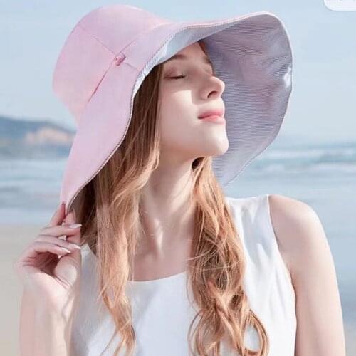 Xthree New Cotton Women bucket hat Summer Beach hat Bowknot Wide Large Brim Sun Hat Travel Outdoor Reversible Foldable Cap