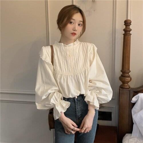 Blouses for Women Tops Flare Sleeve Office Lady Pullover Spring 2021 New Shirt Blouse Women Solid O-Neck tops S0037