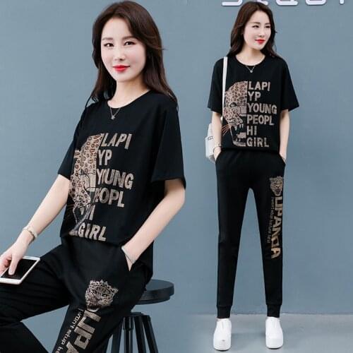 Large Size Women Summer Fashion Animal Print Diamond T-Shirt+Pants 2021 Black Round Neck Short Sleeve Tops Casual Suit 001