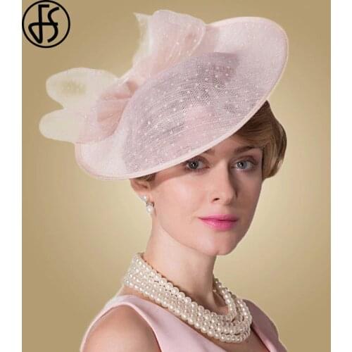 FS Fascinators For Women Elegant Pink Linen Pillbox Hat Royal Weddings Hats Ladies Sinamay Derby Dress Summer Cocktail Fedoras