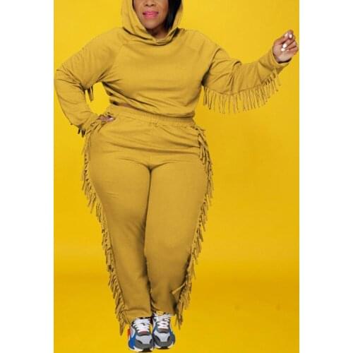 2 Pieces Plus Size Pants Sets For Womens Outfits 4XL 5XL Hooded Tops & Trousers Tassel Large Fashion Causal Autumn Fall Sets