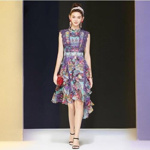 2021 new summer dress fashion stitching water-soluble flower lotus leaf sleeve lace print irregular chiffon dress woman