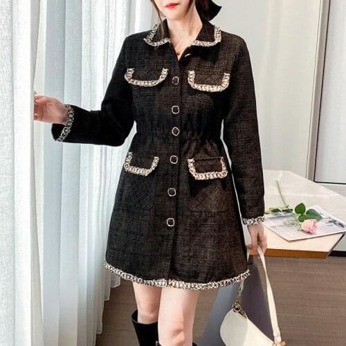 Small Fragrance Wind Autumn And Winter New Long Sleeved Single-Breasted Bow Lace-Up Ladies Solid Color Tweed Loose Dress