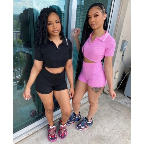 2021 Casual Women Two Knit Ribbed Turn Down Collar Short Sleeve Crop Top + Pants Sportsuit Solid Color Clothes For Women Outfit