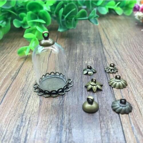 5sets/lot 25*18mm glass globe double lace antique bronze color base beads cap set glass vials bottle pendant jewelry findings