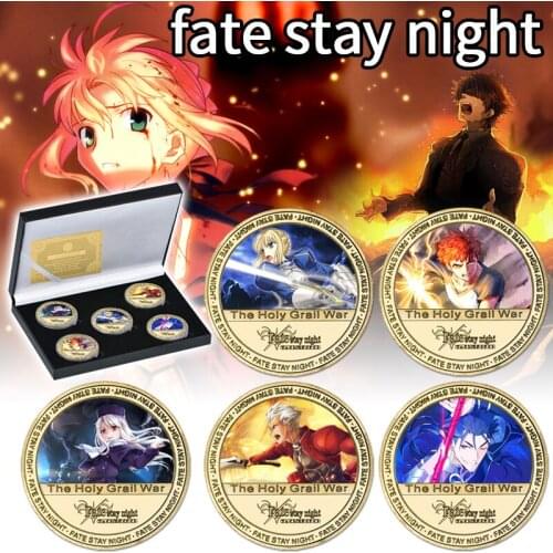 5pcs Japanese Anime Fate/Stay Night Gold Plated Coins Collectibles with Box Challenge Coin Original Anime Gifts for Children