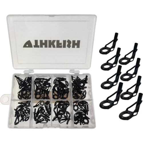 80Pcs/set Fishing Rod Guides Tip Repait Kit Fishing Tip Tops Black Stainless Fishing Repair Guides Rod DIY Set Kits