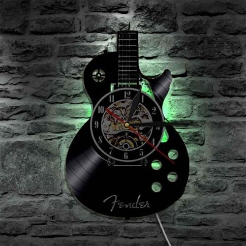 Acoustic Guitar Musical Instrument Silent Vinyl Record Wall Clock Home Bar Decor Quartz Movemen Crafts Decor With/Without Light