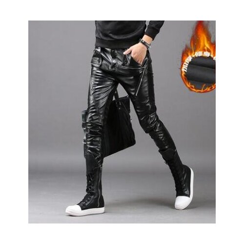 Black personality fashion tight motorcycle faux leather pants zipper mens feet pants pu trousers for men pantalon homme thicken