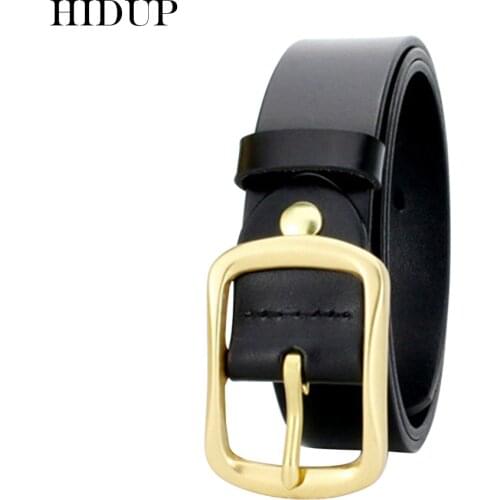 HIDUP Mens Top Quality Design Cow Skin Cowhide Leather Belt Brass Pin Buckle Metal Belts Casual Style Jean Accessories NWWJ135