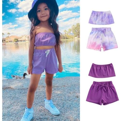 Girls Clothing Sets 2021 Summer New Childrens Tie-dye Printed Sleeveless Off Shoulder Tank Top And Shorts Outfit Suit