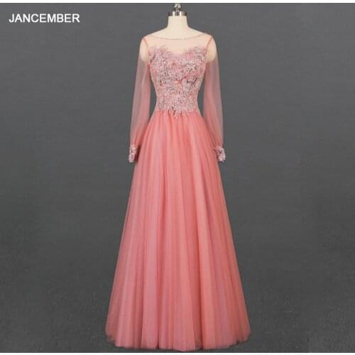 LSDZ24 Simple Pink Elegant Long Sleeve Evening Dress 2020 Crystal Sequined Appliques A-Line Floor-Lenght