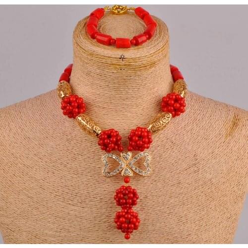 Fashion Jewelry Nigerian Bride Wedding Jewelry Red Natural Coral Jewelry African Wedding Dinner Dress Accessories Set AU-236