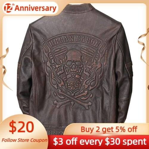 2021 Vintage Brown Motorcycle Style Skulls Leather Jacket Men Plus Size 4XL Genuine Natural COwhide Autumn Slim Fit Biker Coat