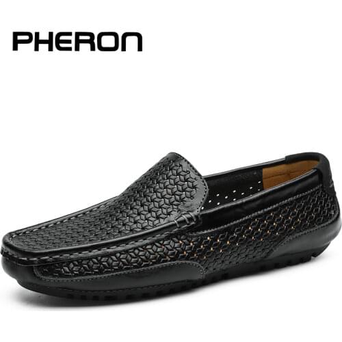 PHERON Summer Men Loafers Weaving Hollow Leather Shoes Slip On Breathable Casual Mens Dress Shoes Soft Non-slip Mans Flat