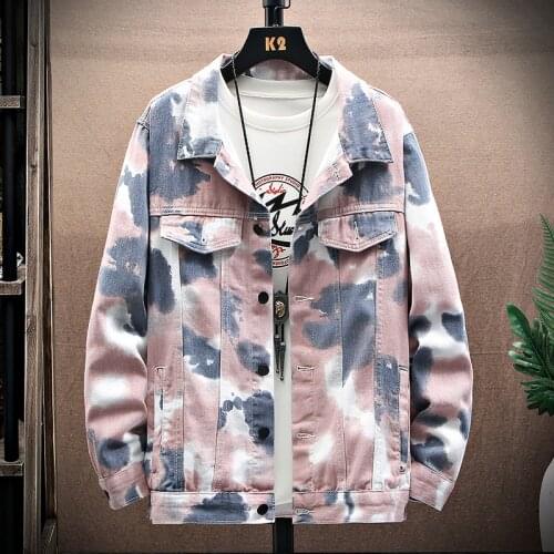 Casual Mens Autumn Cotton Denim Jackets Streetwear Tie Dye Denim Jeans Top Coat HipHop Spring Harajuku Bomber Clothes Punk Rock