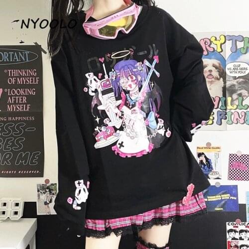 NYOOLO Harajuku Japanese Anime Maid Letters Print Long Sleeve Pullovers T-Shirt Women Kawaii Clothes Autumn Sweet Girls Tops