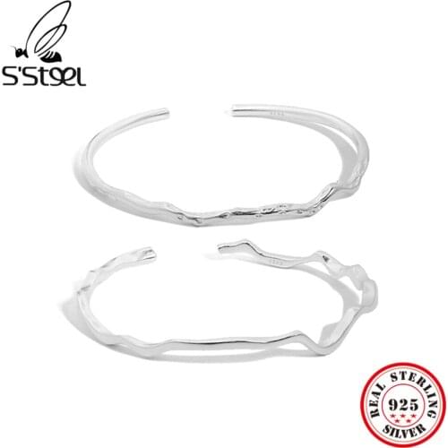 SSTEEL Korean 925 Sterling Silver Minimalist Punk Irregular Texture Cuff Bangles For Women Open Bangle Bracelets Fine Jewelry
