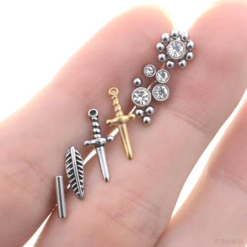 Starose 2Pcs Leaf Star Earrings Stainless Steel Mini Ball Tragus Cartilage Piercing Helix Piercing Studs Rhinestone Ear Jewelry