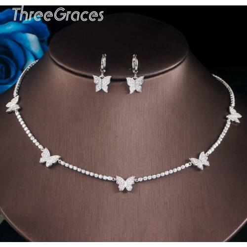ThreeGraces Beautiful Yellow Gold Butterfly Shape Earrings Choker Necklace Cubic Zirconia Jewelry Sets for Women Party T538