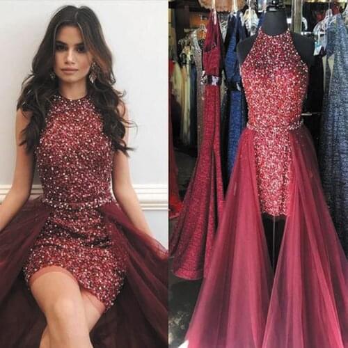 SuperKimJo Crystal Evening Dresses with Detachable Skirt Burgundy Beaded Mermaid Cheap Formal Dresses Robe De Soiree