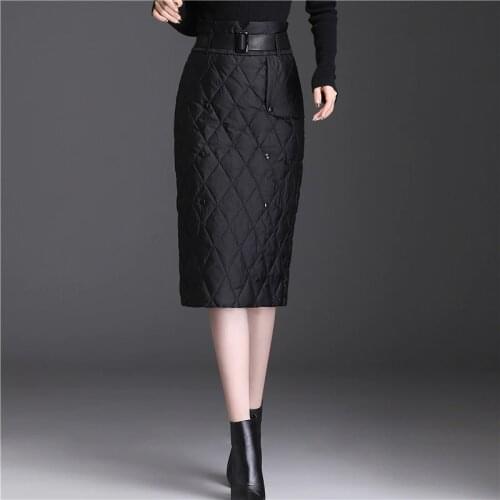 Plus Size 2020 Down Cotton Womens Skirts Winter Warm High Waist Wrap Hip Slim Retro Black Mid Skirt With Belt Mujer Faldas
