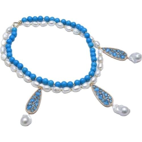 GuaiGuai Jewelry 2 Rows Natural White Pearl Blue Turquoises Necklace Baroque Pearl Blue Cat eye Pendant Handmade For Women