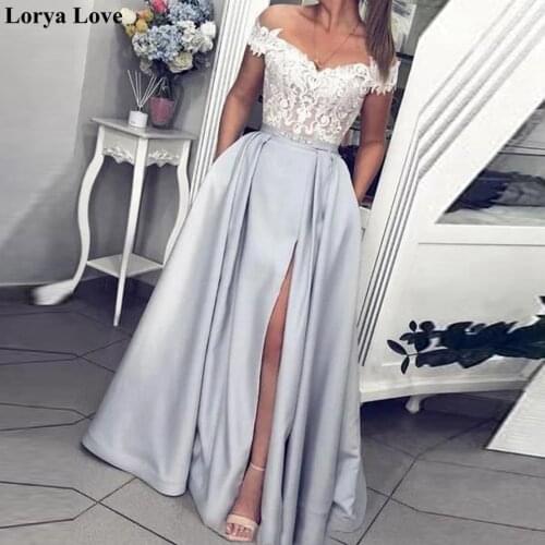 Off The Shoulder A-Line Split Long Prom Dresses 2021 Women Formal Party Pink Robe De Soiree Graduation Light BlueEvening Gowns