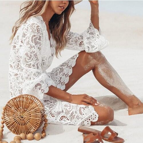 Womens Beach Dress Sexy Solid Color See-through Hollow Lace Crochet Long Sleeve V-neck Beach Dress Ladies Summer Dress