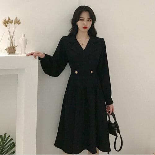 Black Dress Autumn 2021 Long Sleeve French Vintage Slim Waist Temperament Lady Elegant Notched Over The Knee Women Dresses