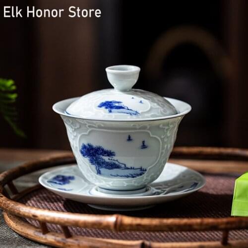 140ml Jade Mud Green Glaze Sancai Gaiwan Handmade Auspicious Clouds Relief Blue And White Landscape Tureen Kung Fu Tea Teaware
