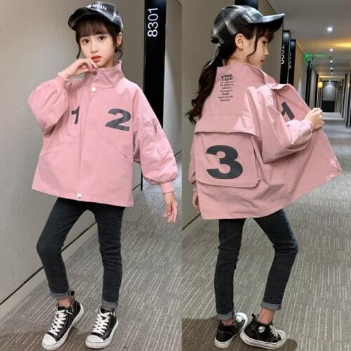 2021 Spring Autumn Girl Jacket New Windproof Outwear Letter Coat Casual Style Zipper Kids Childrens Clothing 4-16 Years Old