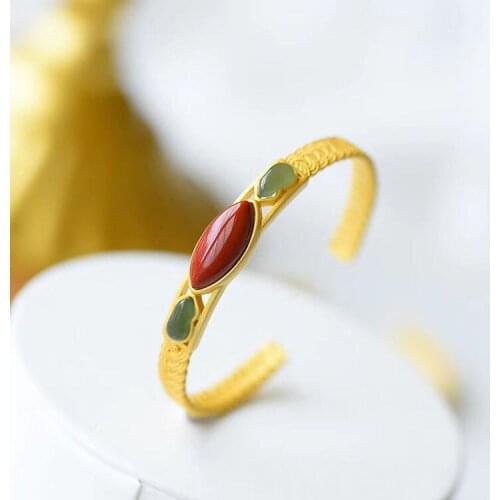 S925 Sterling Silver Horse Eye Bracelet Inlaid Natural South Red Agate Gray Jade Bracelet Personality Retro Temperament Hand Jew