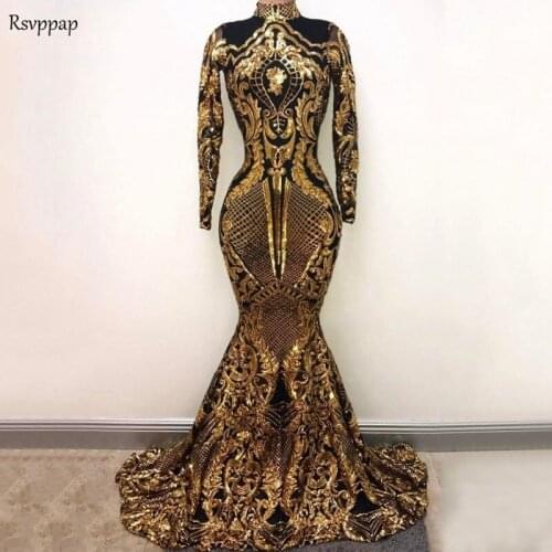 Black/Gold Mermaid Long Prom Dresses 2020 Africa Black Girl Luxury Sequin High Neck Long Sleeve Prom Dress