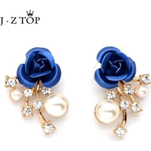 JZTOP Fashion Blue Iron Rose Flower Stud Earrings For Women Crystal Simulated Pearl Earring Gold Statement Brincos Jewelry Gifts