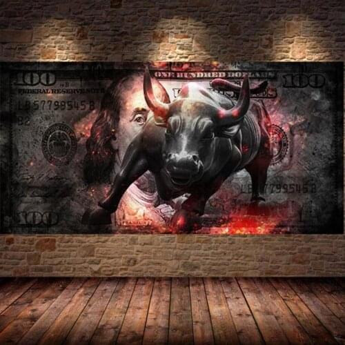 Angry Cow Money Bull Bear Abstract Animal Posters Dollars Picture Wall Art Picture for Interior Canvas Painting for Living Room