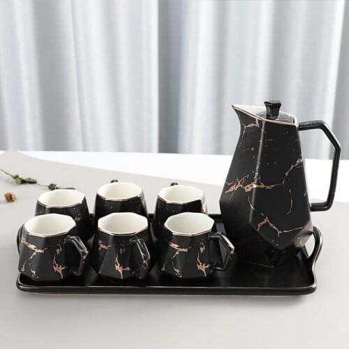 Ceramics Coffee Set Gold Rim Black Marble Drinkware Tea Cup Pot Tray Large Kattle Bar Decoration Home Kitchen Supplies Waterware