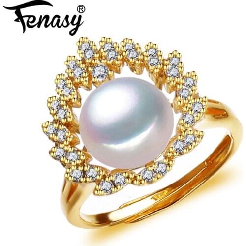 FENASY Natural Freshwater Pearl Rings For Women Heart Adjustable Gold Color Ring Female Party Wedding Engagement Jewelry