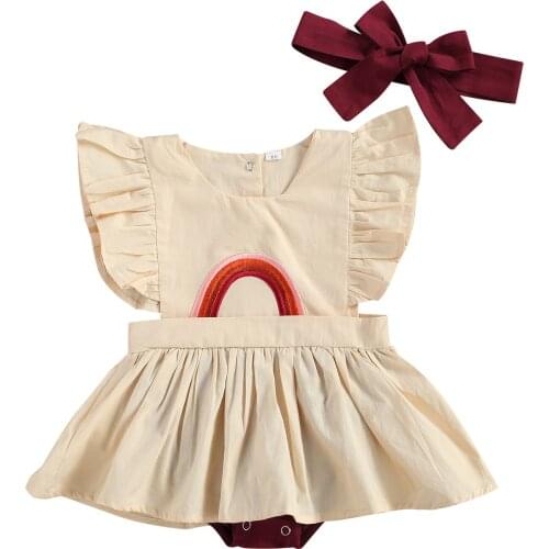 Infant Baby Girls 2 Pcs Rainbow Outfits Suits Fly Sleeve Rainbow Embroidery Romper Skirt + Bowknot Headband 0-24M
